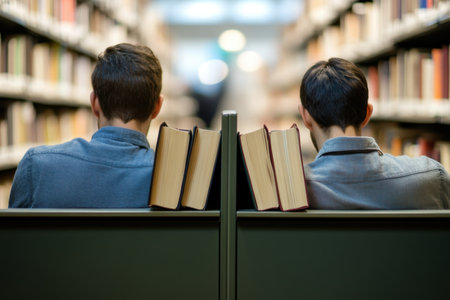 Two students sit back-to-back in a library, focused on their reading with shelves full of books around them.の写真素材