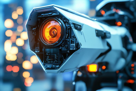 A high-tech robotic camera features an illuminated lens, set against a vibrant urban backdrop at night.の写真素材