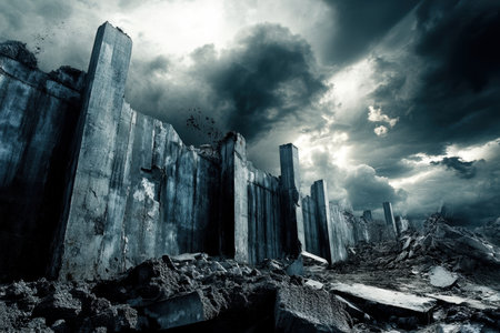 Dark clouds loom over crumbling concrete remnants, creating a hauntingly desolate atmosphere.の写真素材