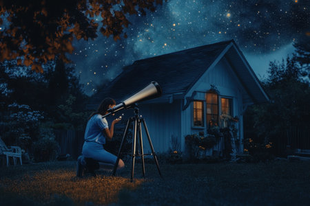 A person focuses intently on a telescope, exploring the starry sky outside their quaint home at night.の写真素材