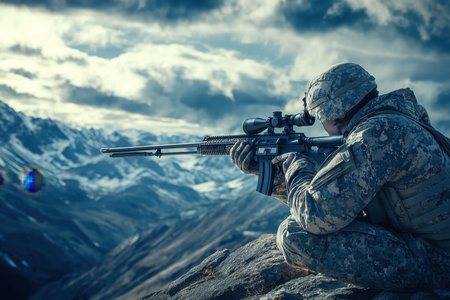 A soldier in camouflage focuses through a sniper rifle against a dramatic mountain landscape.の写真素材