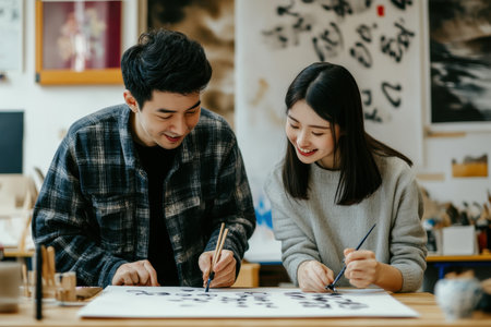 Two young individuals work collaboratively on calligraphy art in an inviting and creative studio environment.の写真素材