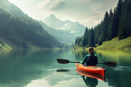 A person is paddling a bright kayak on a tranquil lake, surrounded by lush trees and majestic mountains.の写真素材