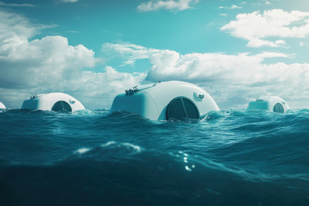 Unique architectural designs of underwater habitats gently bobbing in tranquil ocean waters with clouds above.の写真素材