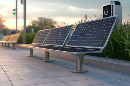 Solar panel benches provide seating and renewable energy in an urban park during sunset, fostering green initiatives.の写真素材
