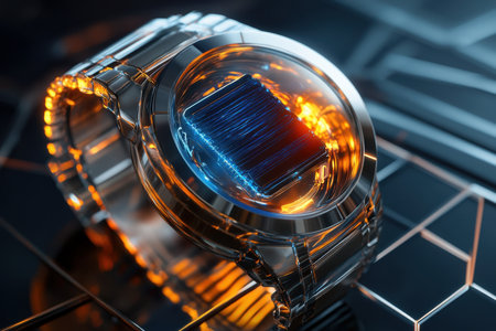 This solar energy watch showcases a sleek design and vibrant colors, reflecting modern technology and creativity.の写真素材