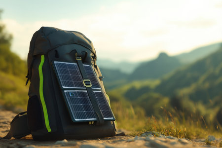 A modern backpack equipped with solar panels sits on a rocky trail surrounded by mountains during sunset.の写真素材
