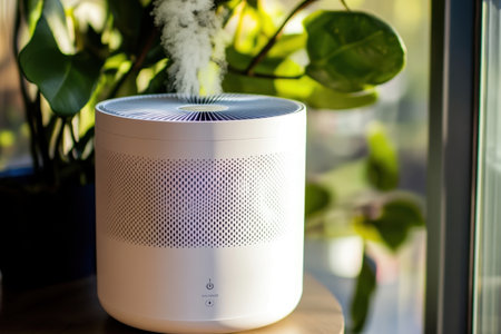 The air purifier emits a gentle mist while enhancing the indoor atmosphere among lush greenery.の写真素材