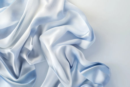 A smooth blue and white fabric lies elegantly on a light surface, highlighting its beautiful texture and folds.の写真素材