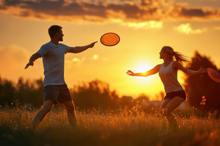 Two friends are having fun playing frisbee in a grassy field during a vibrant sunset, surrounded by nature.の写真素材
