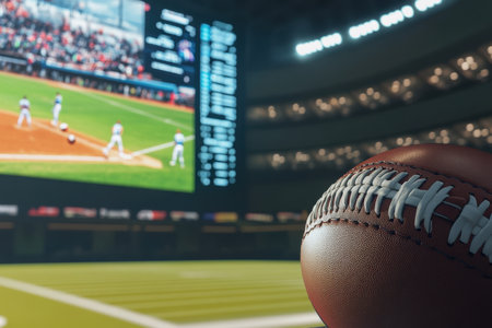 A close-up of a football with a large screen showing a baseball game in a busy stadium.の写真素材