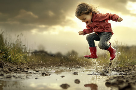 Young child in red jacket and boots happily leaps into a puddle under a dramatic cloudy sky.の写真素材