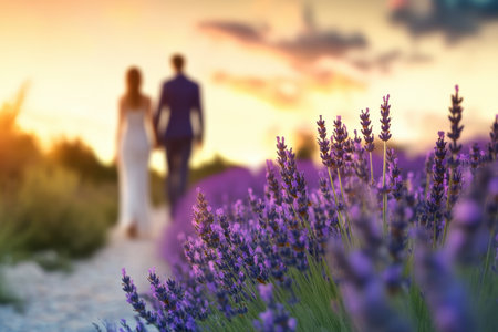 A couple strolls hand in hand through a beautiful lavender field during a colorful sunset.の写真素材