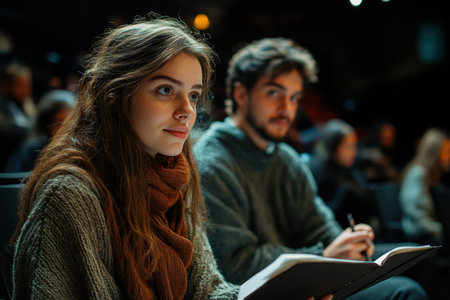Two students focus on a lecture, taking notes in a cozy auditorium filled with fellow learners.の写真素材