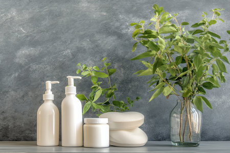 Fresh greenery complements natural skincare products arranged on a clean countertop, creating a serene atmosphere.の写真素材