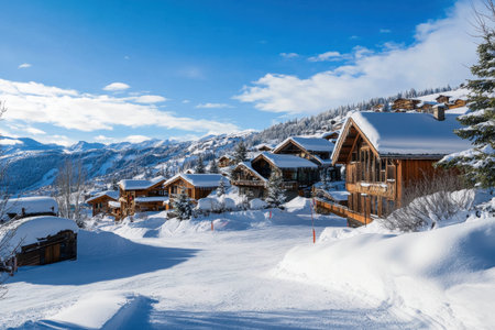 Chalets nestled in a snowy landscape under a bright blue sky create a serene winter atmosphere.の写真素材
