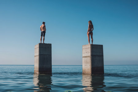 Two people enjoy a moment of tranquility standing on concrete pillars in serene water as the sun sets.の写真素材