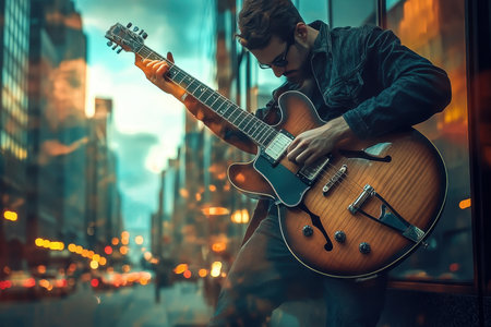 A guitarist passionately performs in a bustling city street at twilight, surrounded by skyscrapers and lights.の写真素材