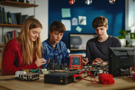 Three students work together on circuit boards and components in a bright, creative classroom setting.の写真素材