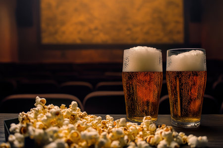 Two glasses of beer sit on a table next to spilled popcorn in a warm, inviting movie theater setting.の写真素材