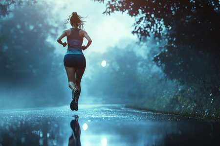 A woman jogs on a wet road during the early morning, enveloped in mist and tree silhouettes.の写真素材