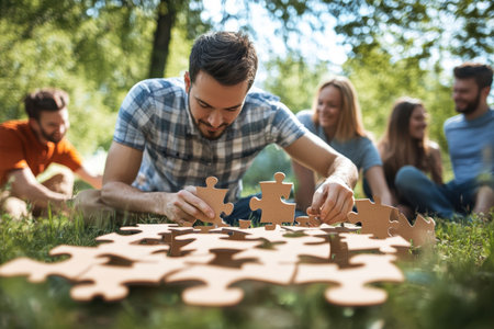 Group of friends gather in a park, solving a puzzle together on a bright and cheerful afternoon.の写真素材