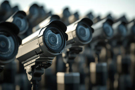 Multiple high-definition security cameras are positioned closely in a surveillance array outdoors.の写真素材
