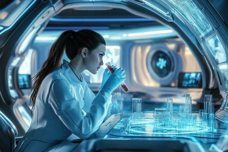 Researcher in a high-tech lab analyzes samples with specialized equipment and glowing surfaces.の写真素材