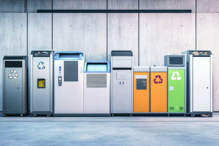 Several recycling machines are lined up in a contemporary facility focused on efficient waste sorting and management.の写真素材