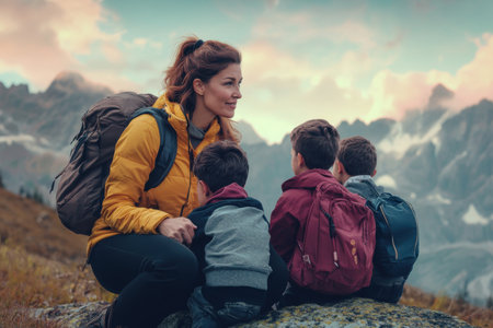 A mother engages with her children while resting on a rocky outcrop during a mountain hike.の写真素材