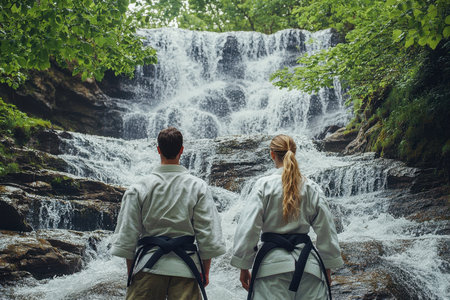 Two karate practitioners in traditional uniforms admire a beautiful waterfall surrounded by greenery.の写真素材