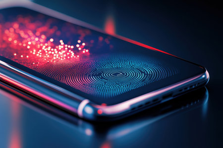 A smartphone shows a colorful fingerprint sensor illuminated against a dark background, showing modern technology.の写真素材