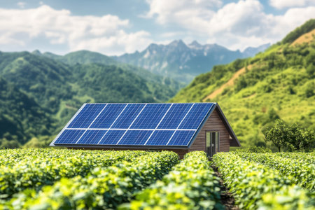 A contemporary house with solar panels sits amidst lush fields and mountains under a bright sky.の写真素材