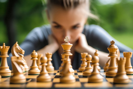 A player concentrates on a chessboard, surrounded by intricately carved wooden pieces in a park setting.の写真素材