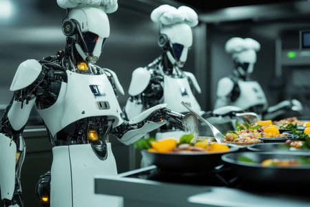 Advanced robots skillfully assemble gourmet dishes in a high-tech kitchen setting, showcasing culinary innovation.の写真素材