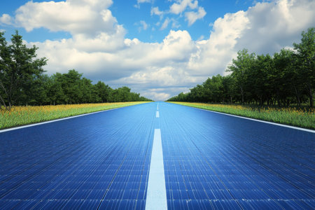 A solar panel road stretches into the distance, framed by trees and vibrant fields under a blue sky.の写真素材