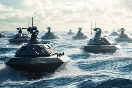 A fleet of advanced unmanned boats moves swiftly through turbulent ocean waters during the early morning light.の写真素材