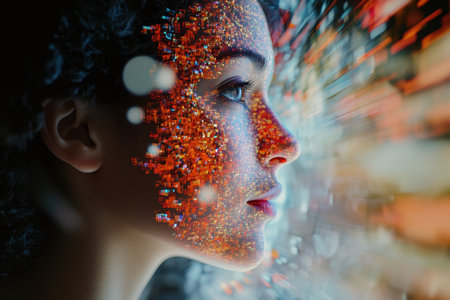 A woman gazes thoughtfully while her face is illuminated with colorful, shimmering patterns at dusk.の写真素材
