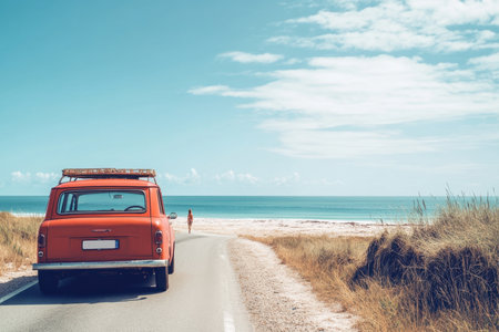 An orange car stops on a coastal road while a person walks along the shore.の写真素材