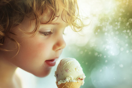 A cheerful child with curly hair savors an ice cream cone during a sunny afternoon in the park.の写真素材