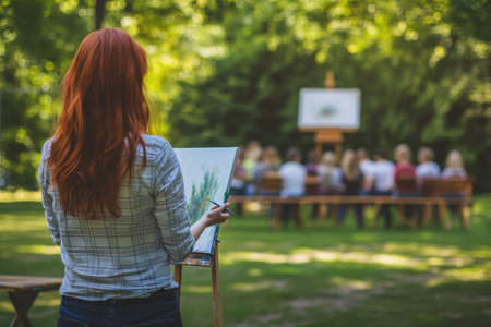 An art instructor guides students in a picturesque park during a sunny day, focused on nature.の写真素材