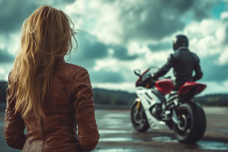A woman admires a motorcycle parked on a wet road while a rider watches the horizon under dramatic clouds.の写真素材