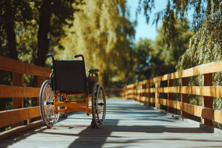 A wheelchair is parked on a wooden walkway surrounded by lush greenery and sunlight.の写真素材