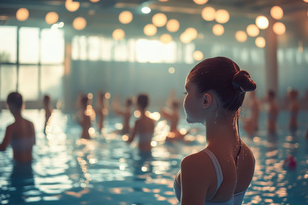 A swimmer stands ready at the pool's edge, surrounded by others in a stylish, softly lit aquatic setting.の写真素材