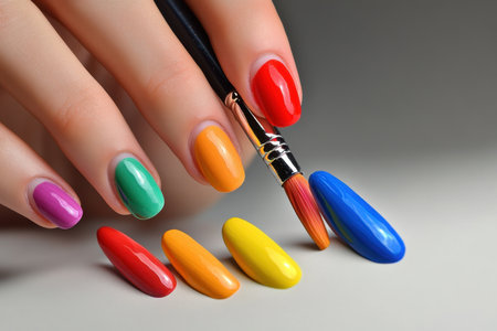 A hand holds a paint brush above nails painted in bright colors, showing creativity in nail art.の写真素材