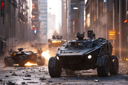 Armored vehicles navigate a damaged urban landscape with debris scattered throughout the battleground.の写真素材