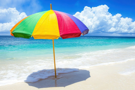 A vibrant umbrella casts shadows on the smooth sand while waves gently lap at the beach during midday.の写真素材