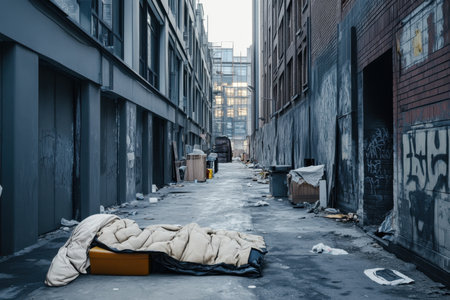 A narrow urban alley shows discarded bedding and trash with graffiti-covered walls at dawn.の写真素材