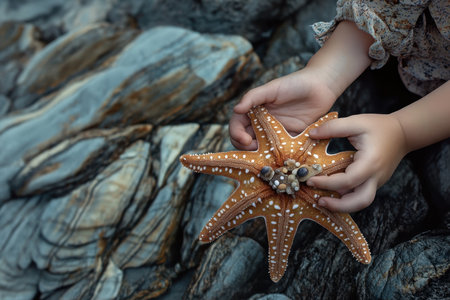 A child gently holds a vibrant starfish while exploring rocky tide pools along the shore.の写真素材