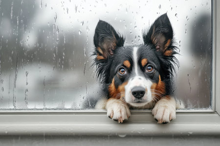A dog peers out of a rainy window, displaying curiosity and longing amidst the falling rain.の写真素材